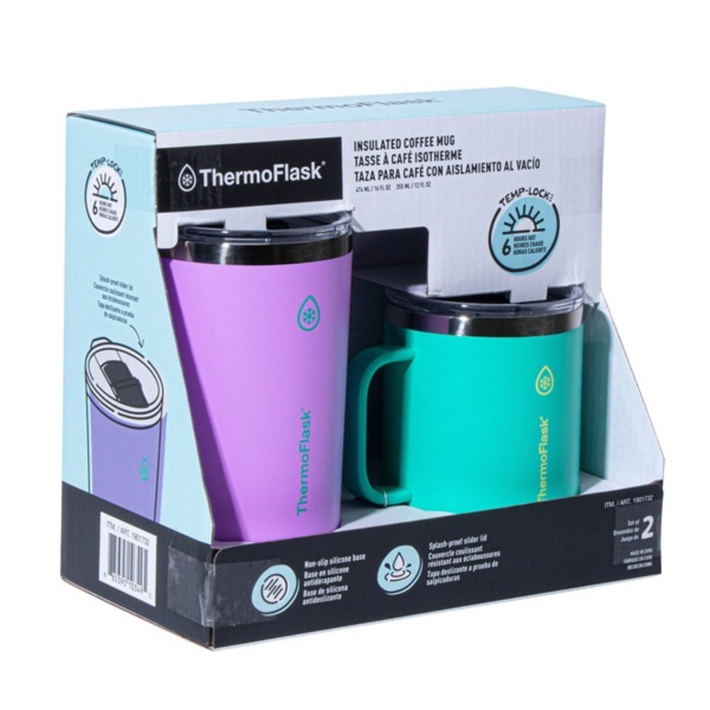 New thermoFlask Stainless Steel Insulated Coffee Mug Set, 2 Pack (Purple/Green